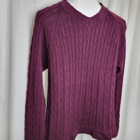 Cabela's Wine V-Neck Cable Knit 100% Cotton Sweater, L - Picture 2 of 8